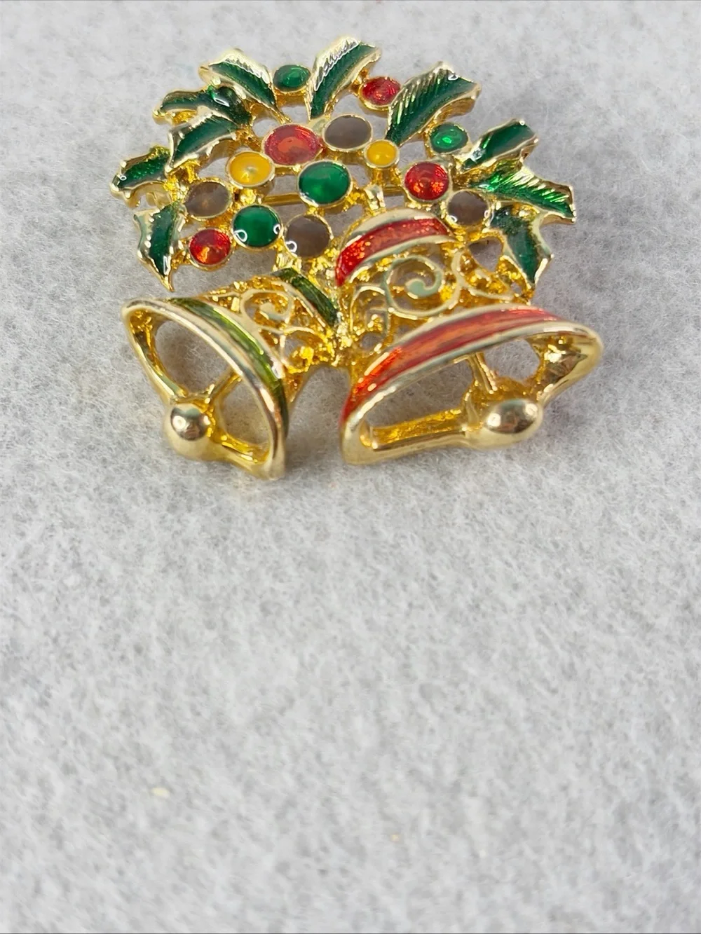 Christopher Radko Christmas Bell Brooch Pin Gold Tone & Enamel Holiday Festive